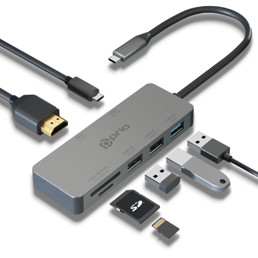 Adaptér prio 7 v 1 s USB-C a více porty – 4K HDMI, čtečka karet, SD/TF, USB pro PC a Switch