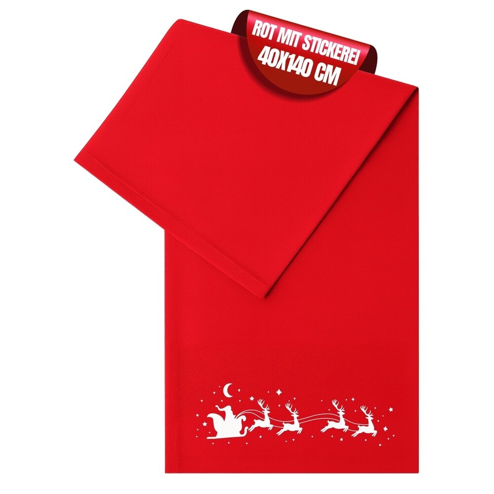 Červený vánoční ubrus se zlatým potiskem Santa Clause a sobů, 40 x 140, vánoční dekorace