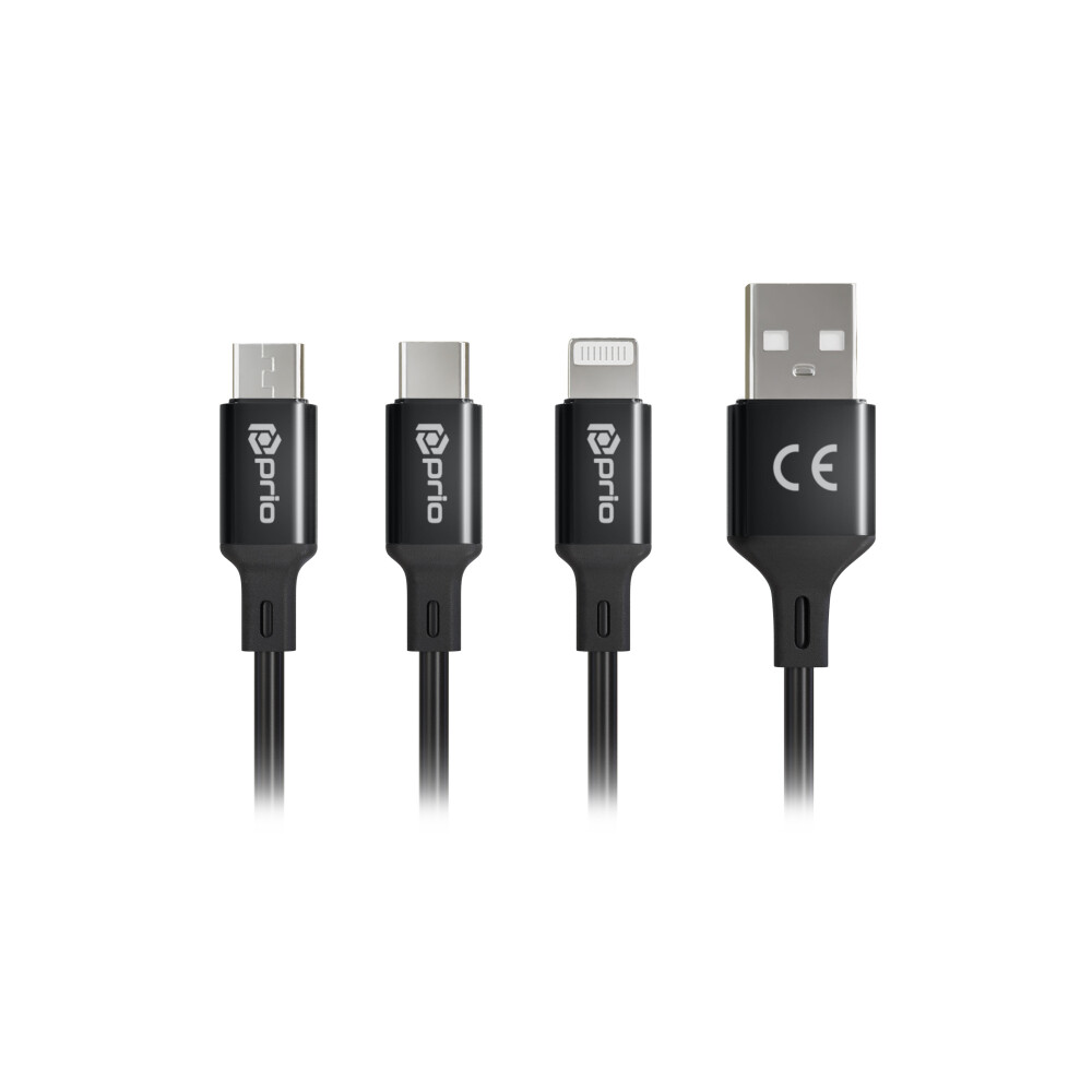 Kabel Prio 3 v 1: Micro USB, USB-C a Lightning na USB-A, 3 A, 2 m, černý