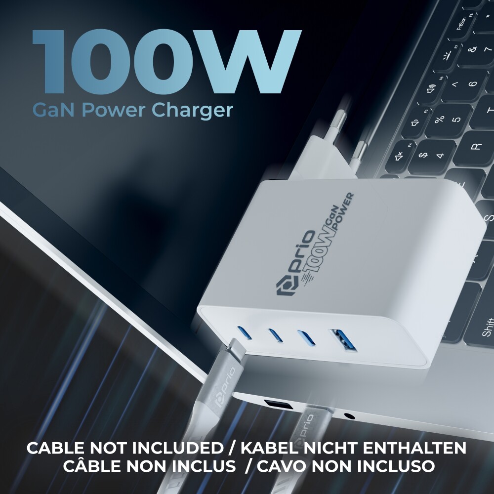 Prio 100 W GaN napájecí adaptér PD PPS (USB-C) + QC 3.0 (USB-A), bílý