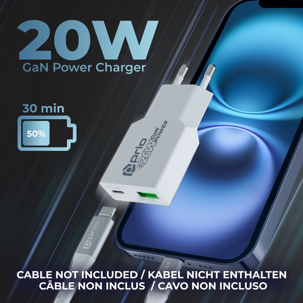 Prio 20 W GaN nabíječka PD PPS (USB-C) + QC 3.0 (USB-A), bílá