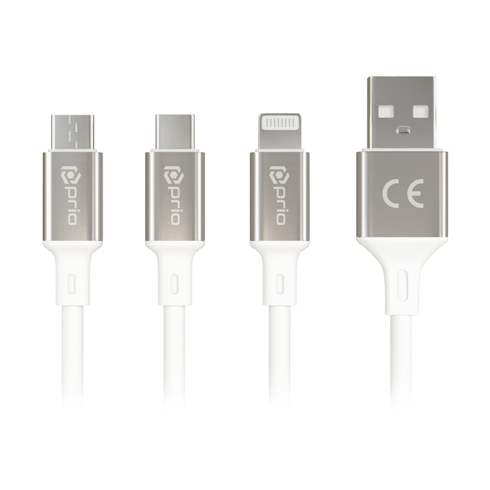Prio 3 v 1 kabel Micro USB, USB-C a Lightning na USB-A, 3 A, 1,2 m, bílý