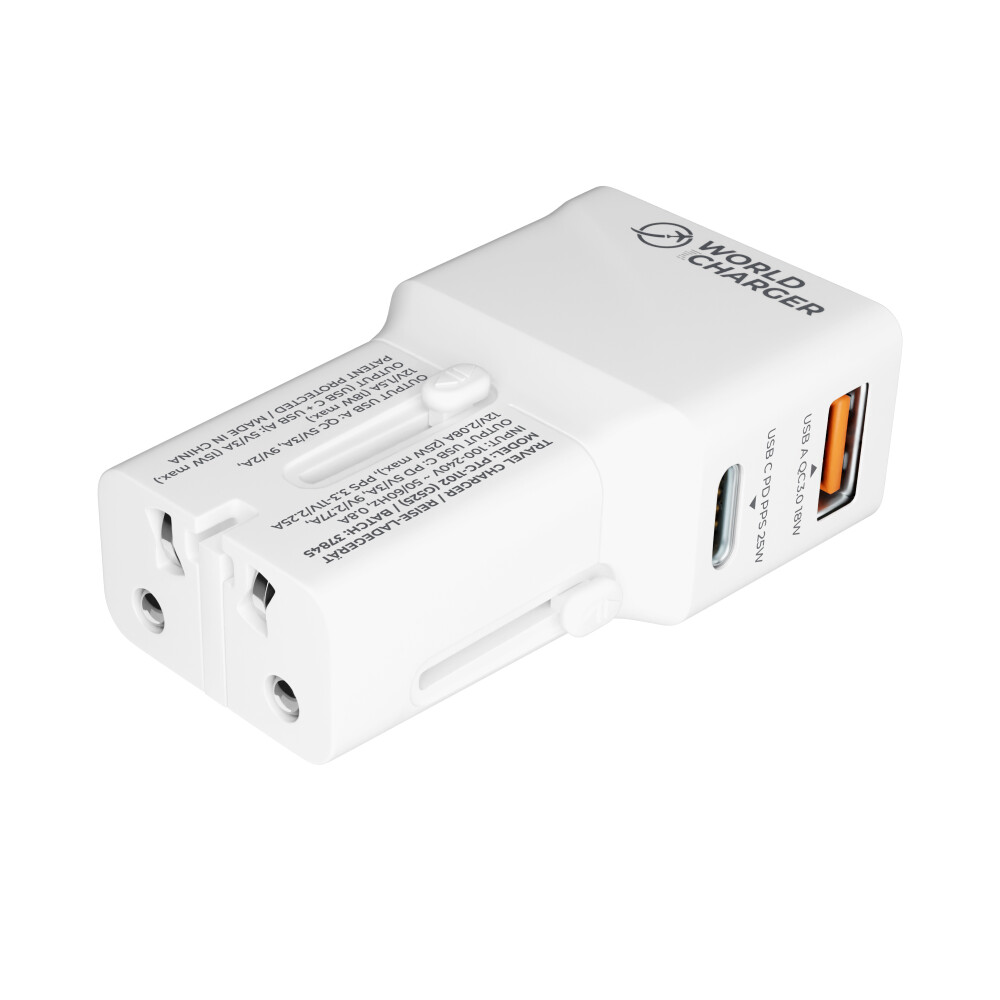 Prio Rychlonabíječka pro cestování po celém světě 25 W PD PPS (USB-C) + QC 3.0 (USB-A), bílá