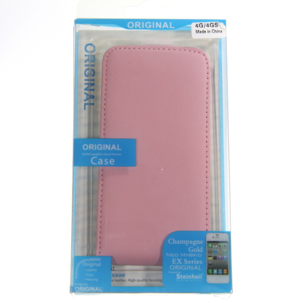 Tenké kožené pouzdro typu „flip“ v blistrovém balení pro iPhone 4/4s, růžové
