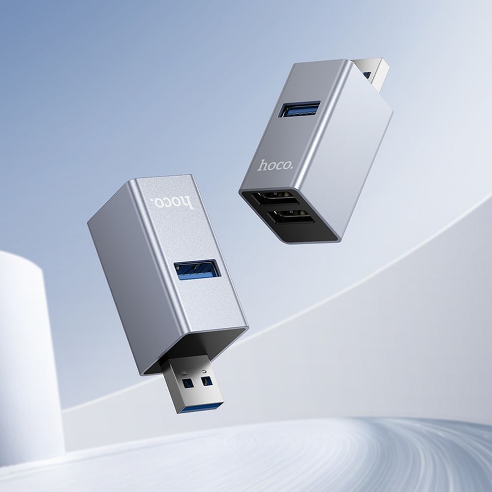 Adaptér 3 v 1 (2 x USB 2.0 + USB 3.0) – USB-A Hoco HB54, šedý
