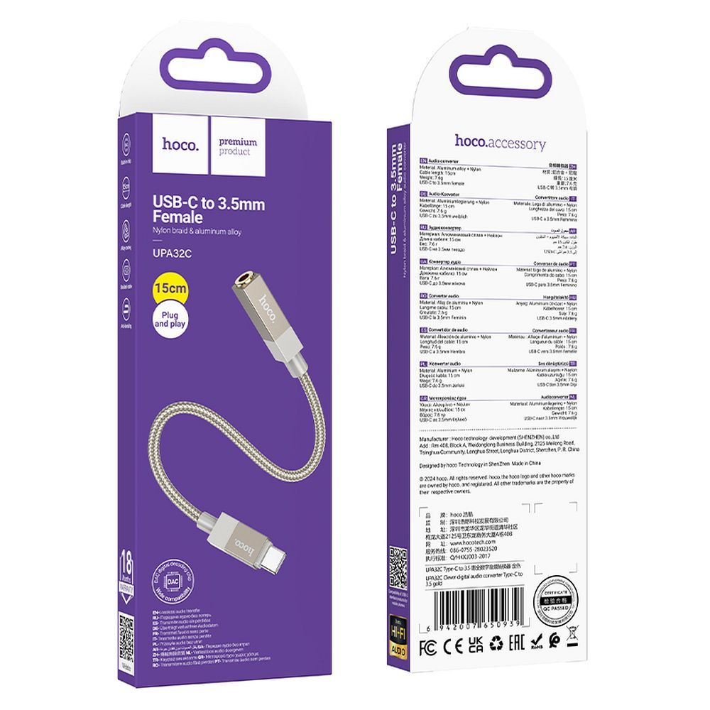 Adaptér AUX USB-C (samec) na 3,5 mm jack (samice) Hoco UPA32C, pozlacený