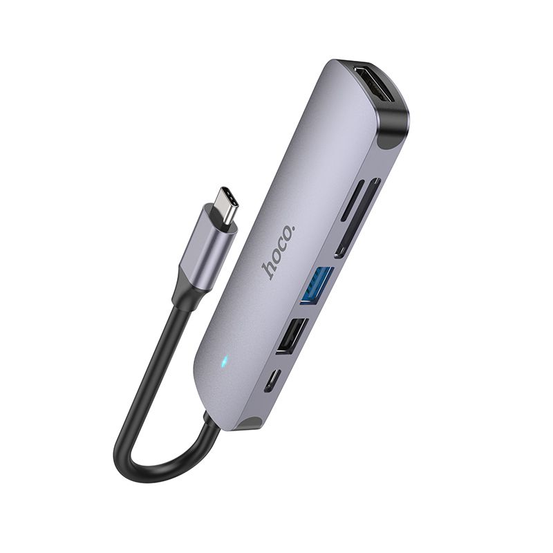 Adaptér HUB 6 v 1 (HDTV + USB 3.0 + USB 2.0 + SD + TF + PD) USB-C Hoco HB28 černý