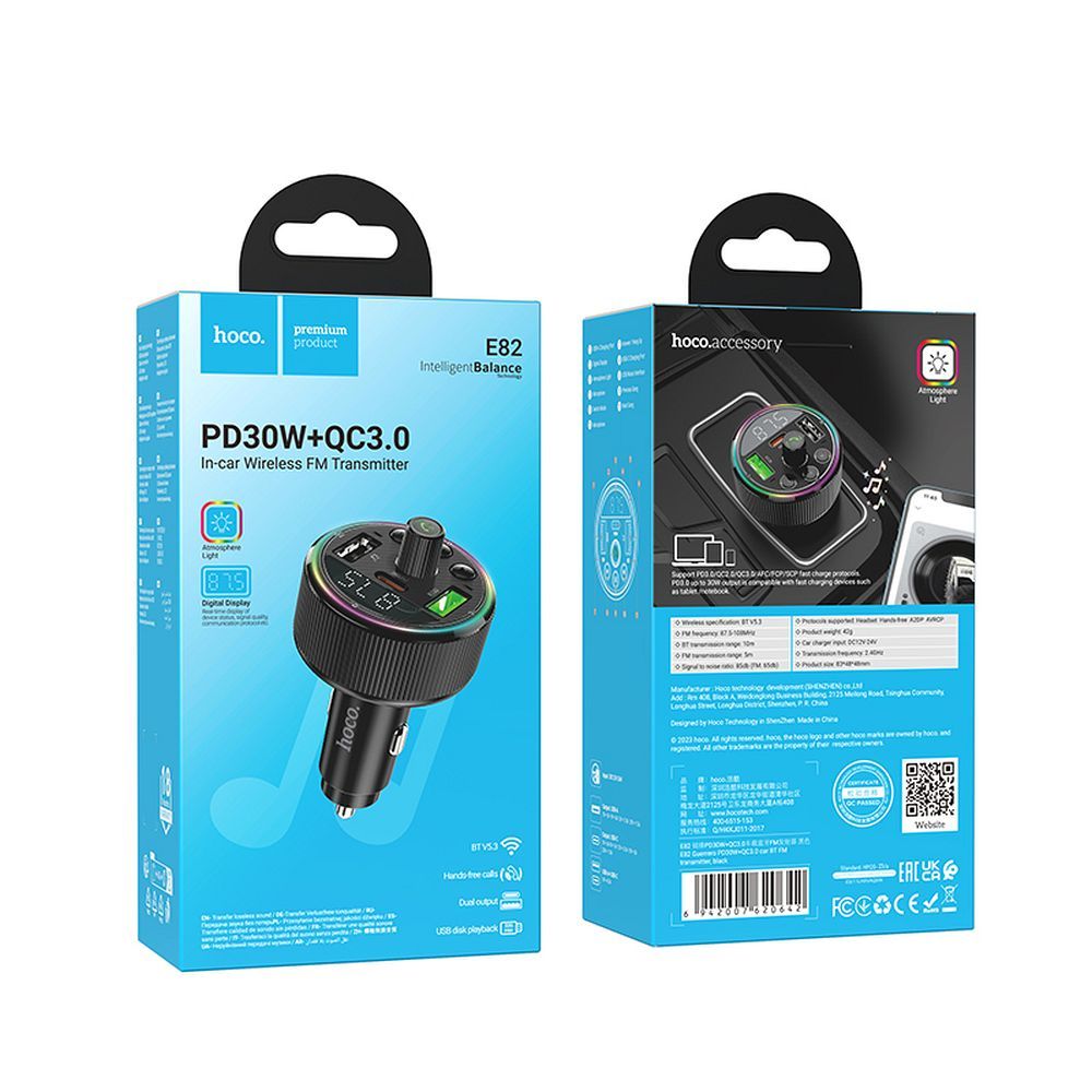 Autopřijímač HOCO FM, Bluetooth, 2 x USB A + Type-C, PD, QC 3.0, 30 W, E82, černý