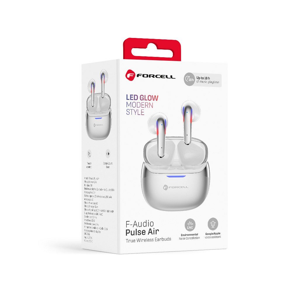Bezdrátová sluchátka do uší Forcell F-Audio Pulse Air ENC TWS, stříbrná