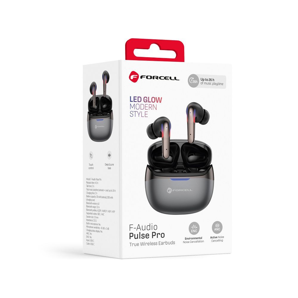 Bezdrátová sluchátka do uší Forcell F-Audio Pulse Pro ANC + ENC TWS, černá