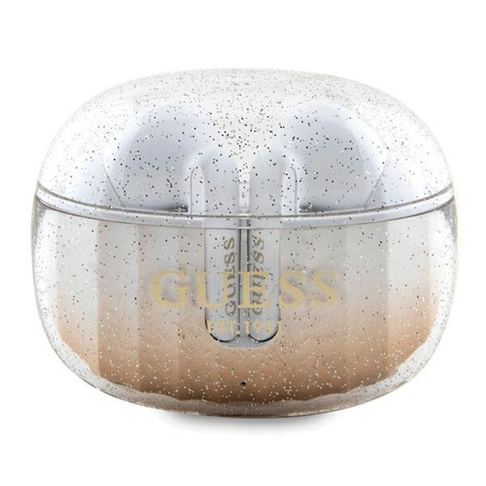 Bezdrátová sluchátka Guess TWS + dokovací stanice GUTWSHDGKEED (třpytivý přechod) zlatá