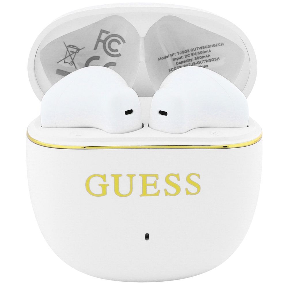 Bezdrátová sluchátka TWS Guess Glossy Gold Line Classic, bílá