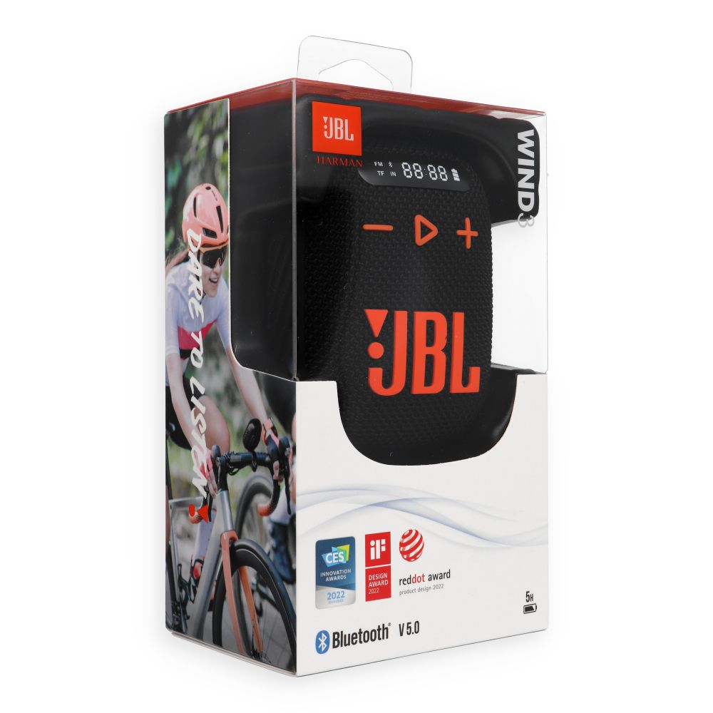 Bezdrátový reproduktor JBL Wind 3 s držákem na řídítka, černý a oranžový