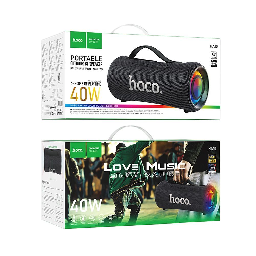 Bezdrátový reproduktor s LED, 2 × 20 W, 4 hodiny, Hoco HA10, černý