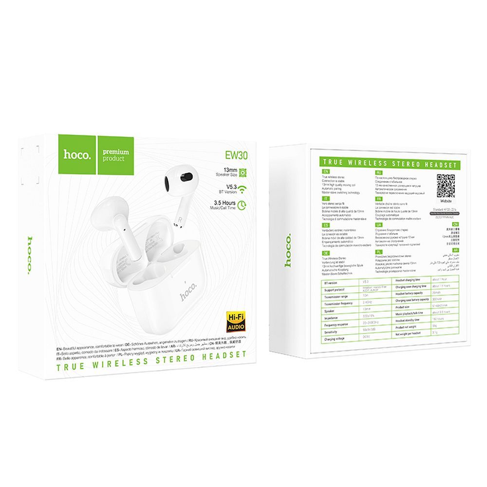 Bluetooth sluchátka HOCO Intelligent TWS EW30, bílá