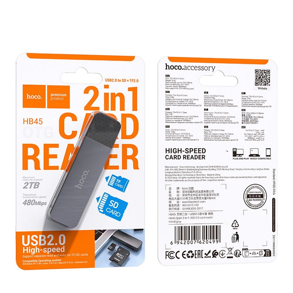 Čtečka karet SD / TF Hoco USB A 2.0 HB45, kovově šedá