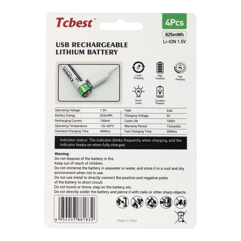 Dobíjecí baterie TCBEST R3 (AAA) 550 mAh s konektorem typu C + kabel USB A na 4 x typ C, 4 ks