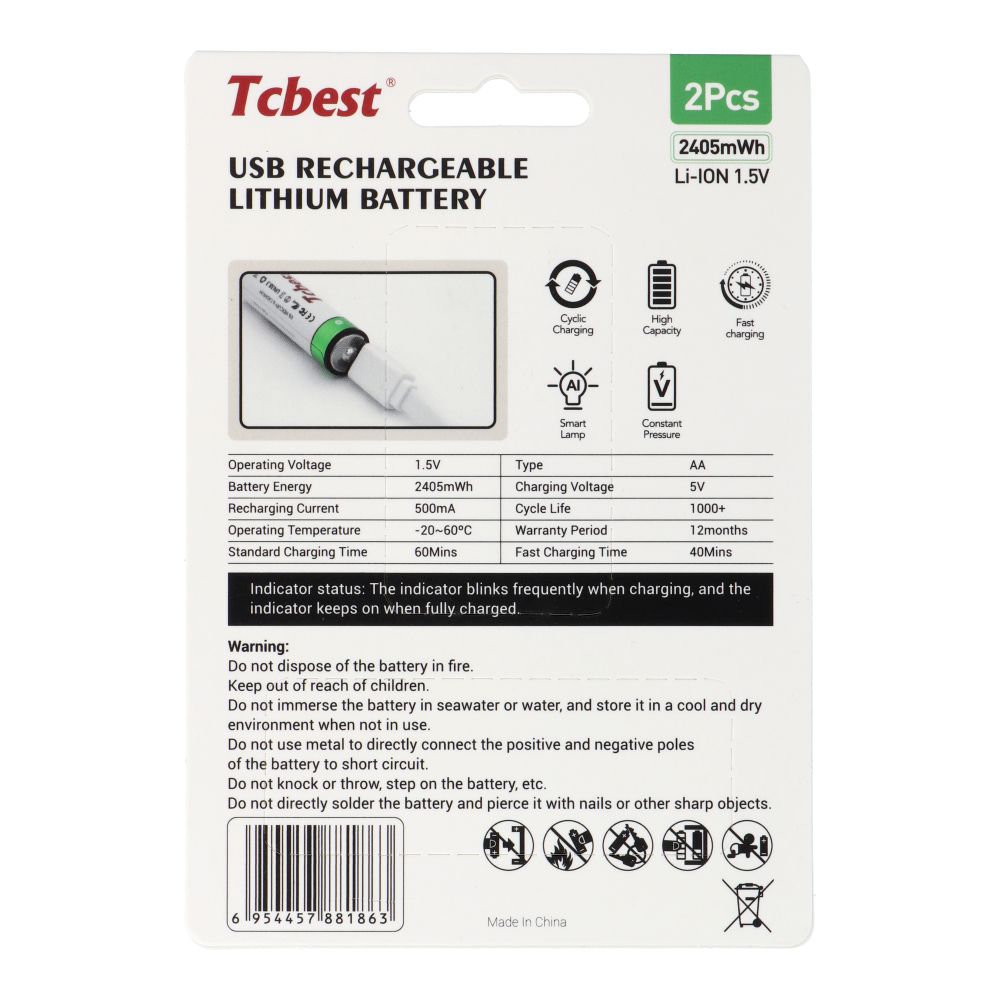 Dobíjecí baterie TCBEST R6 (AA) 1600 mAh s konektorem typu C + kabel USB A na 2 x typ C, 2 ks