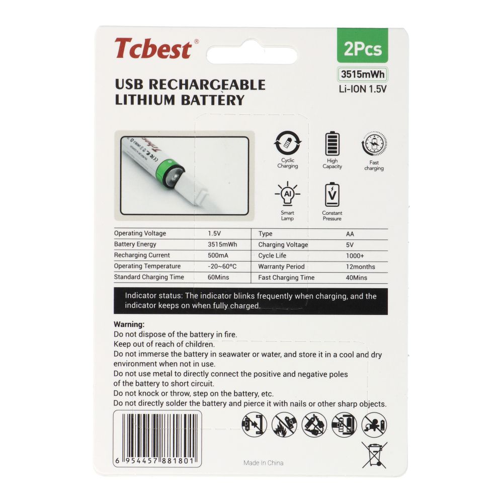 Dobíjecí baterie TCBEST R6 (AA) 950 mAh s konektorem typu C + kabel USB A na 2 x typ C, 2 ks