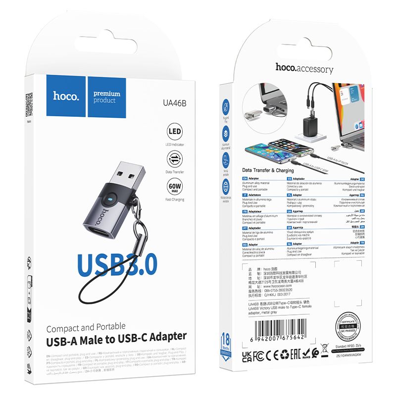 Hoco UA46B šedý adaptér USB A na USB C s podporou OTG