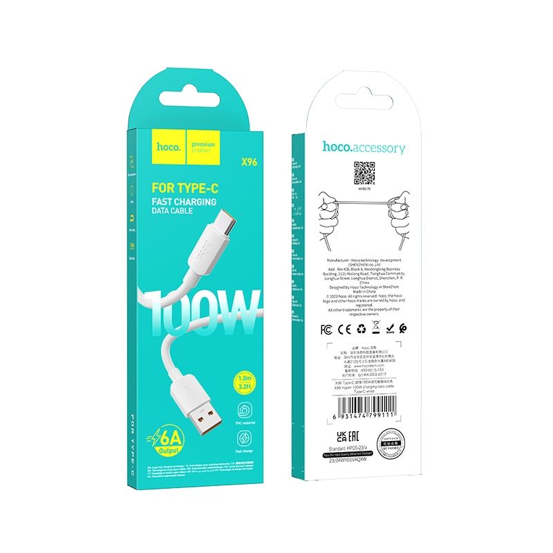 Hoco USB A na USB C PD 6 A 100 W 1 m X96 bílá