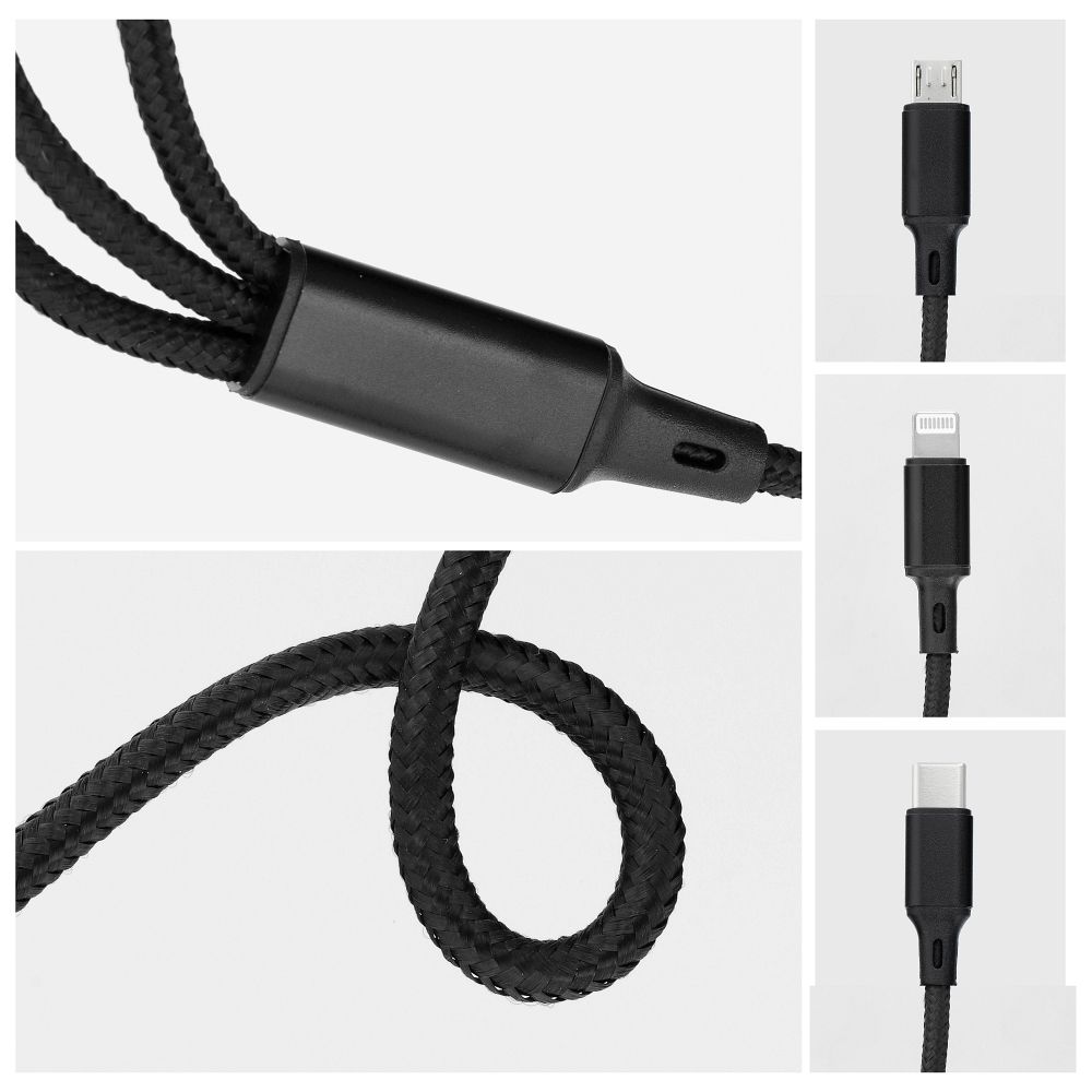 Kabel 3 v 1: Type-C na Lightning / Type-C / Micro USB, 2,4 A, C171, 1,2 m, černý