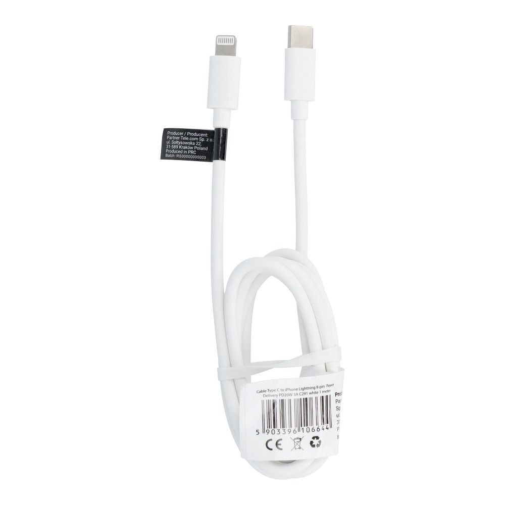 Kabel typu C na Lightning PD 3 A, 20 W, C291, 1 m, bílý