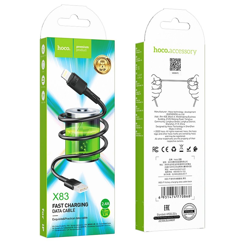 Kabel USB A na Lightning Hoco 2,4 A, 1 m, X83, černý