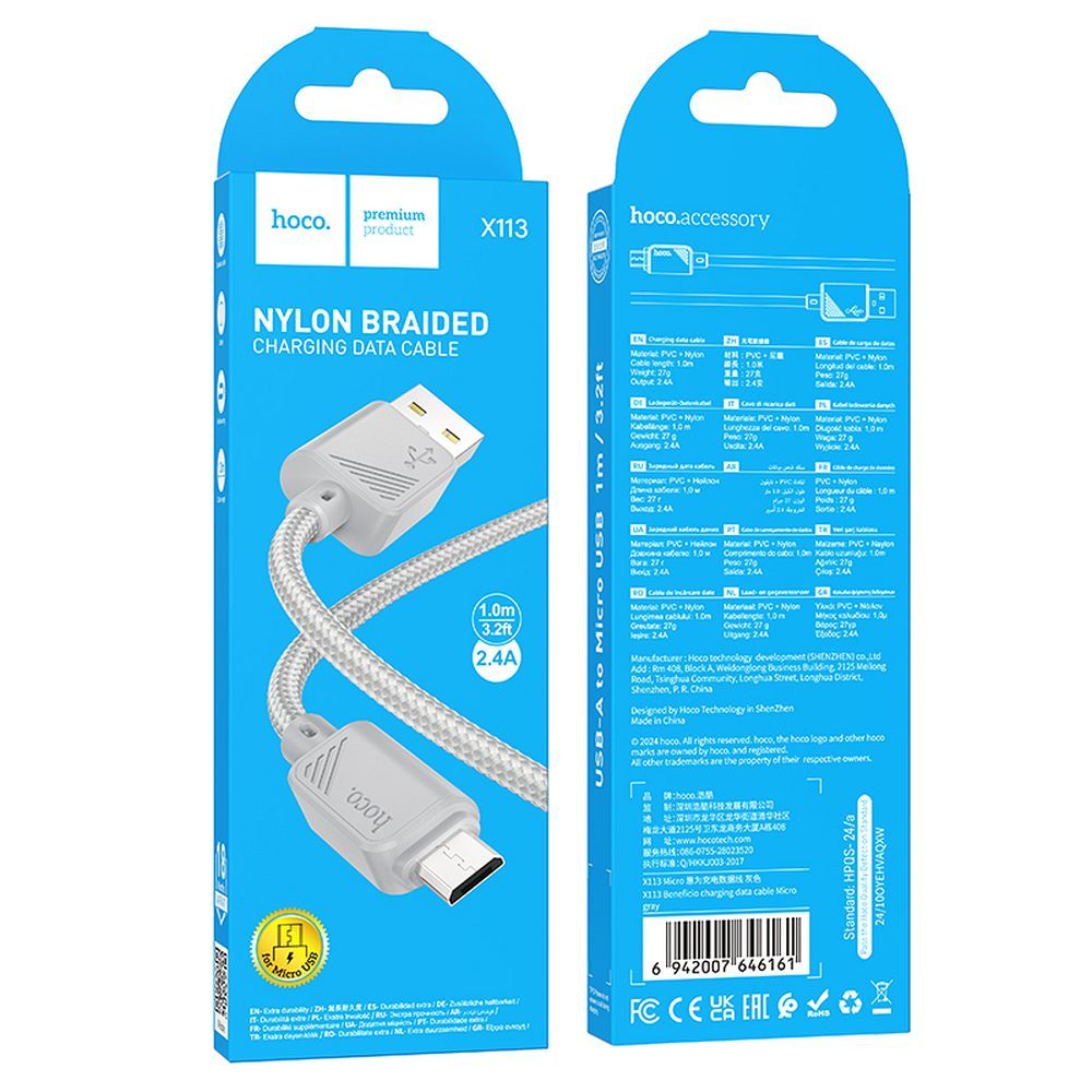 Kabel USB A na Micro USB Hoco 2,4 A, 1 m, X113, šedý