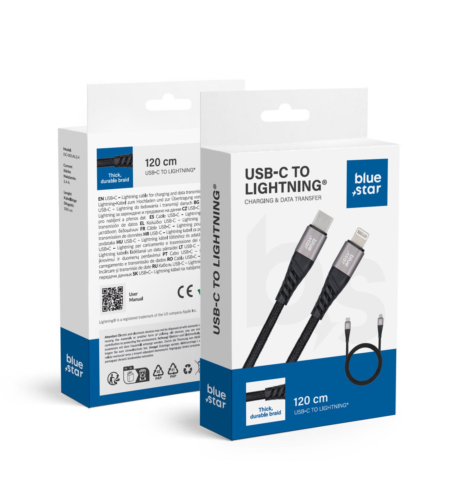 Kabel USB-C na Lightning Blue Star 2,4 A s opletem, 1,2 m, TFK-DC-003, černý