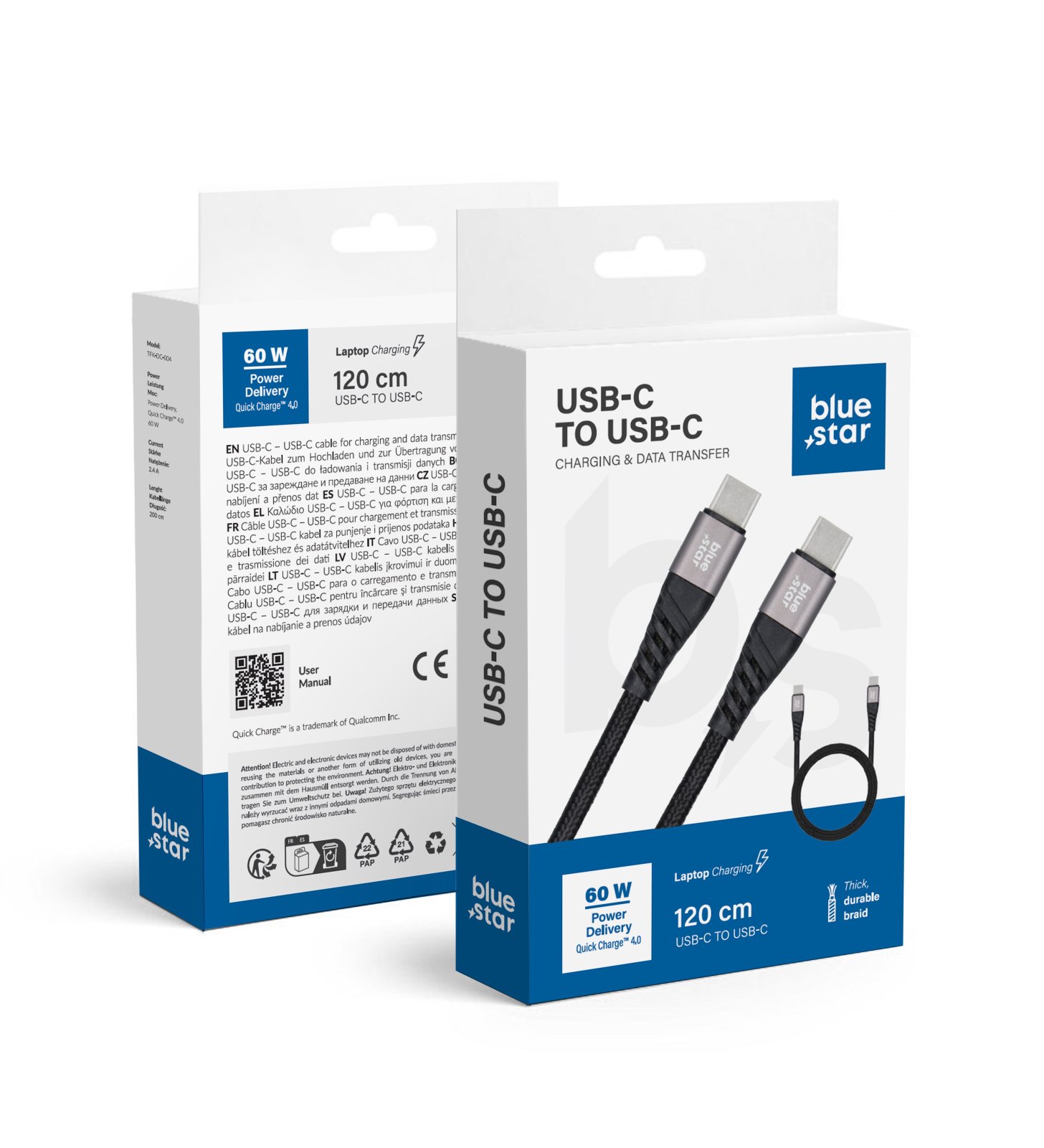 Kabel USB-C na USB-C Blue Star 3 A, 60 W, PD, QC 4.0, s opletením, 1,2 m, TFK-DC-003, černý