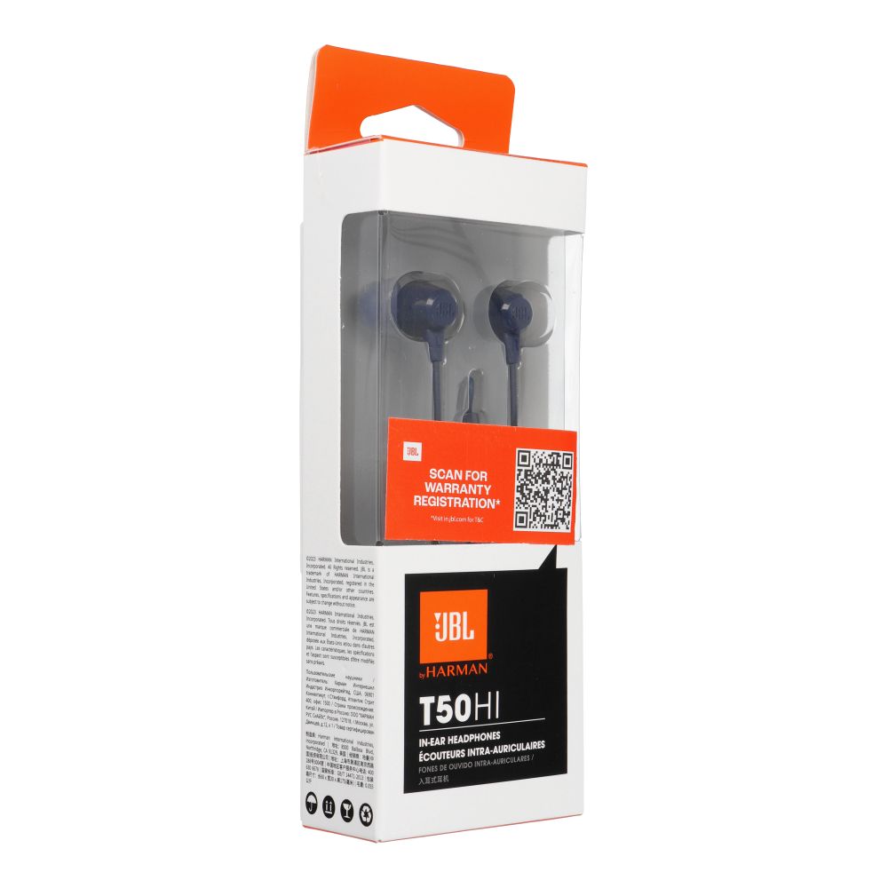 Kabelová sluchátka s konektorem 3,5 mm a mikrofonem JBL T50HI 360, modrá