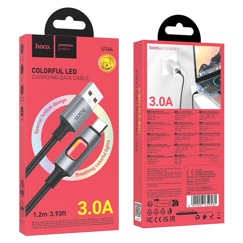 LED kabel USB-A na USB-C Hoco 3 A, 1,2 m, U144, černý