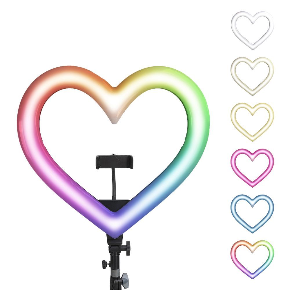LED kruhová lampa Stream RGB 10" s držákem na mobil HEART + stativ JM26-10, černá