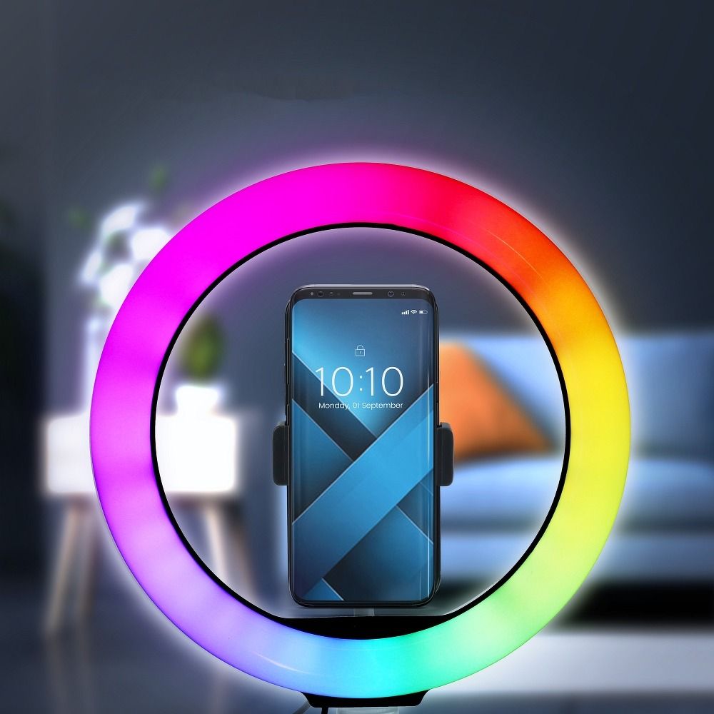 LED Ring Stream RGB lampa 12" FULL COLOR s držákem na mobil + stativ, černá