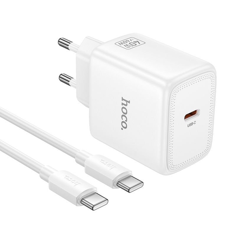 Nabíječka GaN pro mobilní telefony Hoco USB-C PD AVS 40 W (max. 60 W) s kabelem USB-C na USB-C N83, bílá