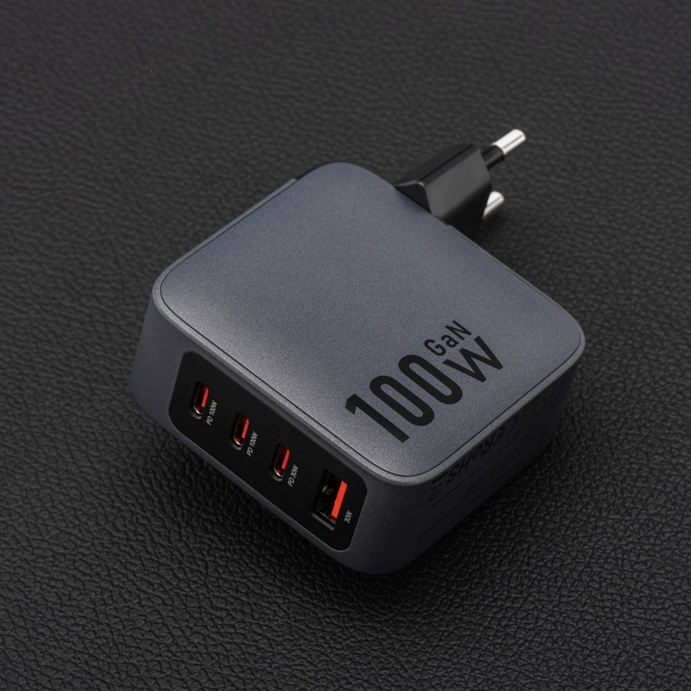 Nabíječka na telefon Forcell F-Energy GaN, 3 x USB-C + USB-A, QC 4.0, PD 5 A, 100 W, VT-46, šedá