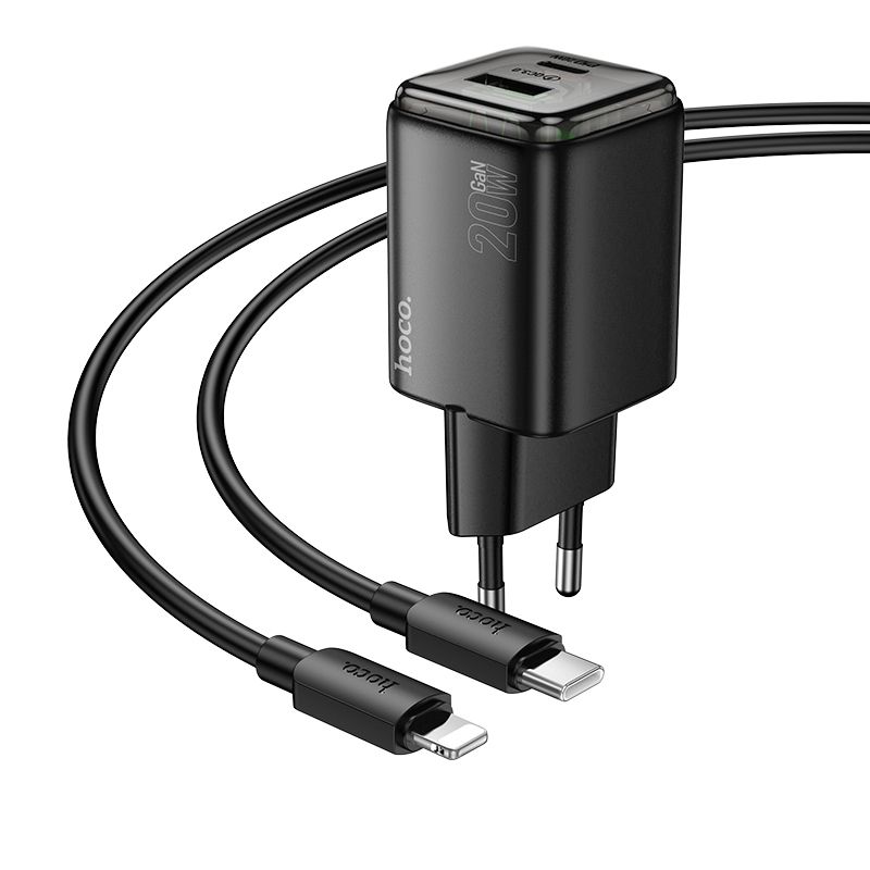 Nabíječka na telefon Hoco USB-A + USB-C QC3.0 PD 3 A 20 W + kabel USB-C na Lightning N52, černá