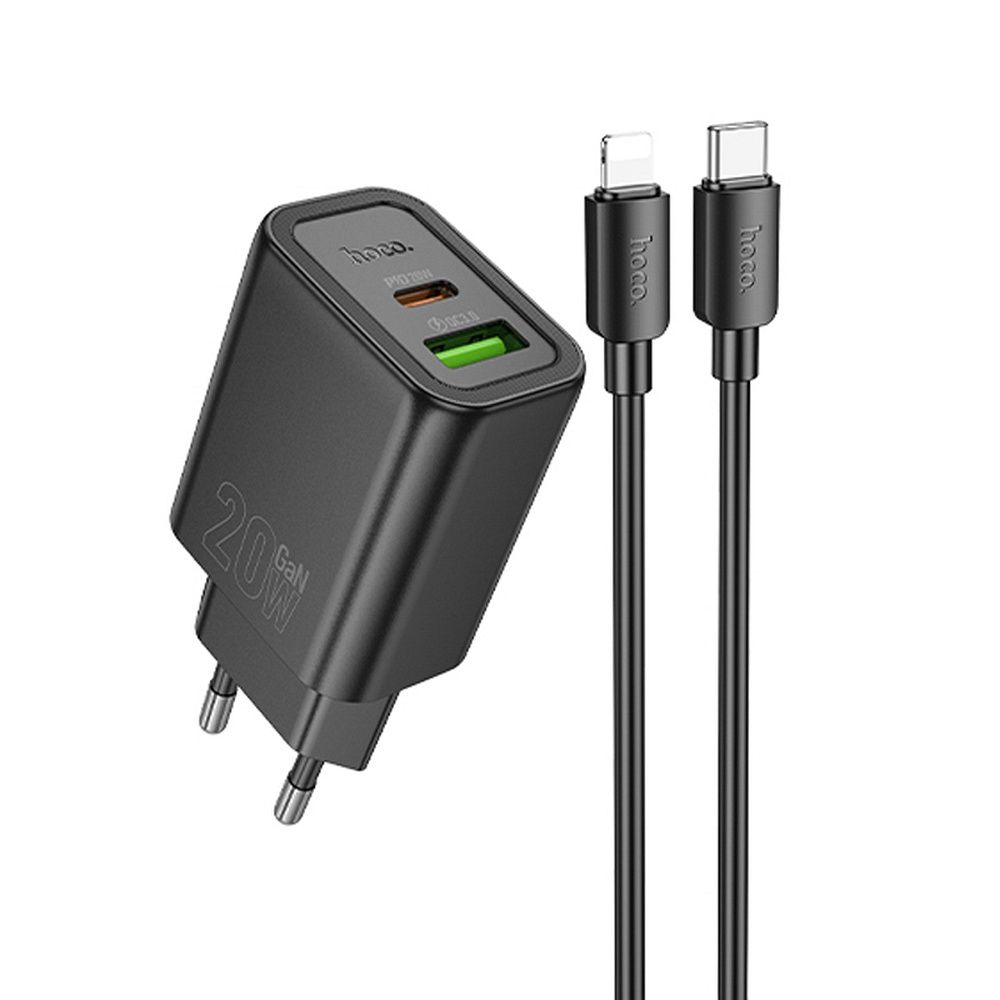 Nabíječka na telefon Hoco USB-A + USB-C QC3.0 PD 3 A 20 W + kabel USB-C na Lightning N61, černá