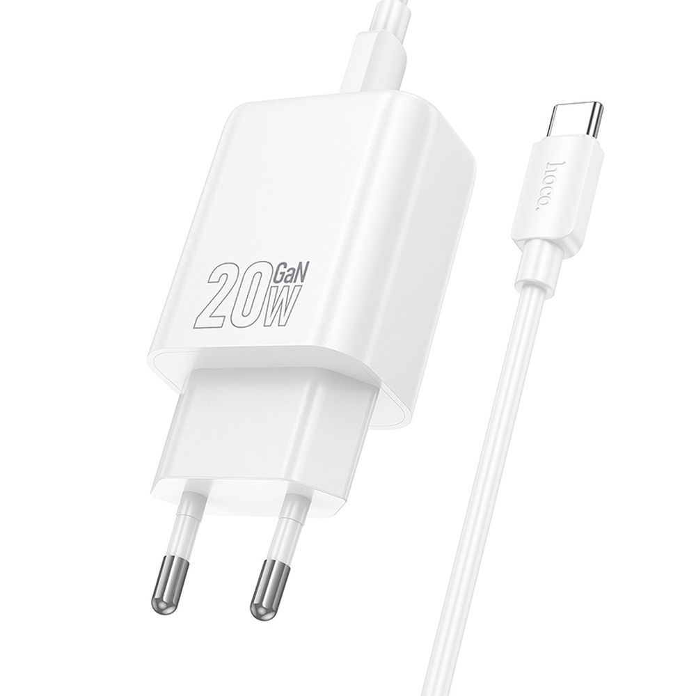 Nabíječka na telefon Hoco USB-A + USB-C QC3.0 PD 3 A 20 W + kabel USB-C na USB-C N61, bílá