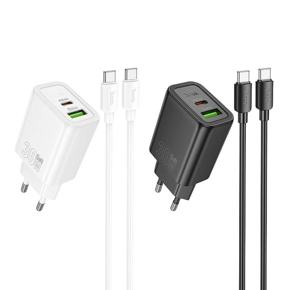 Nabíječka na telefon Hoco USB A + USB C QC3.0 PD 3A 30 W s kabelem USB C–USB C, N63, černá