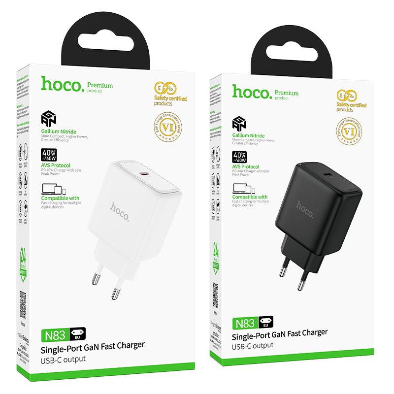 Nabíječka pro mobilní telefony GaN Hoco USB-C PD AVS 40 W, max. 60 W, N83, černá