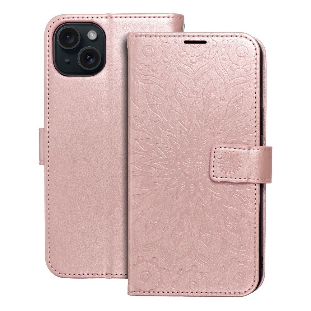 Otočné pouzdro pro iPhone 15 PLUS Mezzo Book, mandala, růžové zlato
