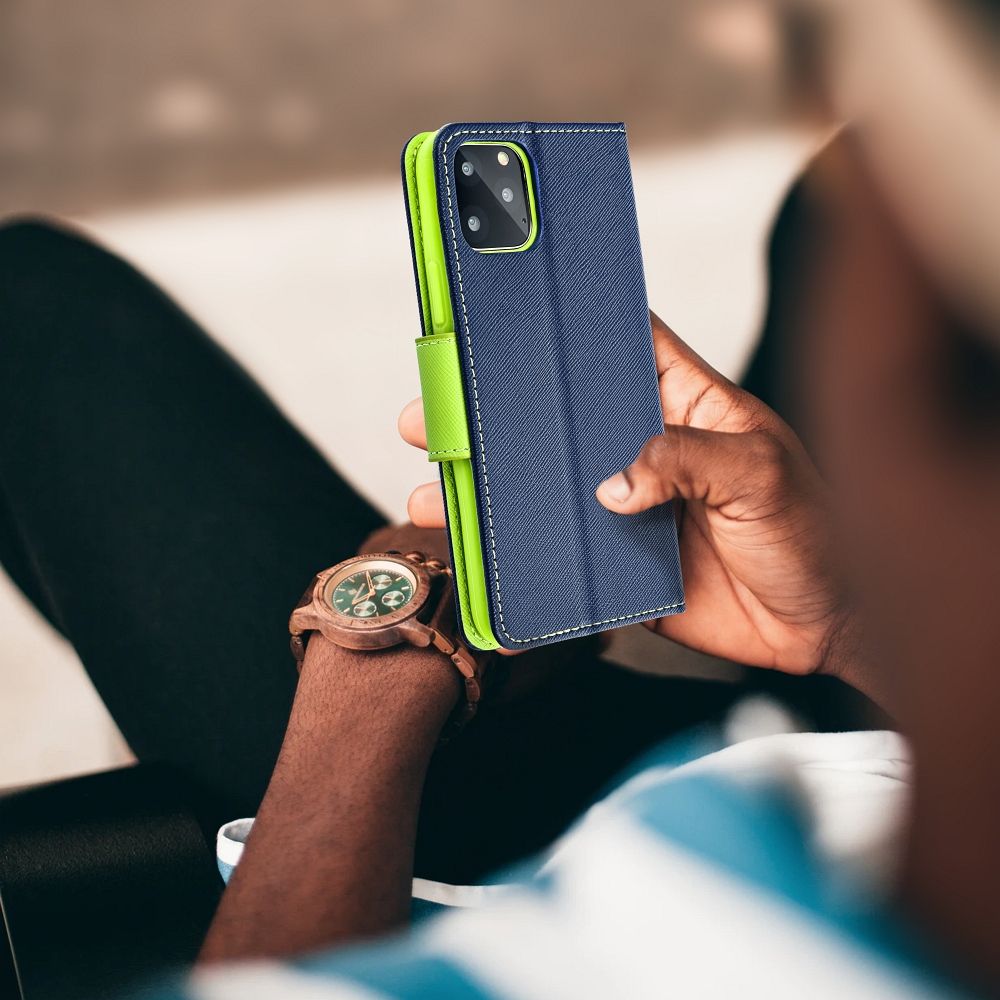 Otočné pouzdro pro Samsung A56 Fancy Book, tmavě modré / limetkové