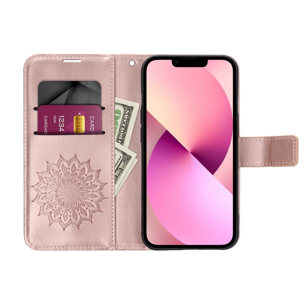 Otočné pouzdro pro Samsung S24 FE Mezzo Book, mandala, růžové zlato