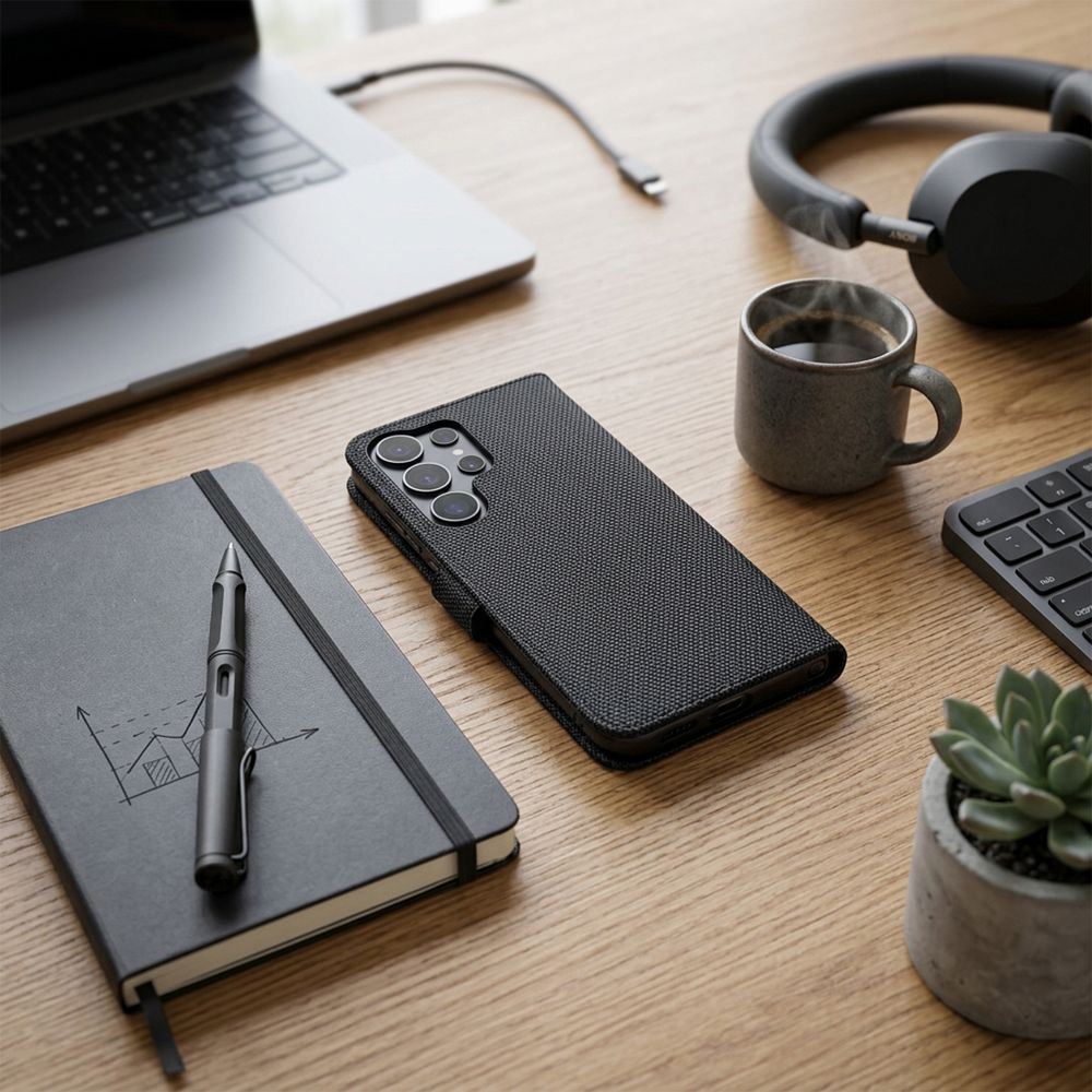 Otočné pouzdro pro Xiaomi Redmi NOTE 15 PRO 5G s kapacitou pro 4 karty, technologií RFID proti krádeži a textilním povrchem, černé
