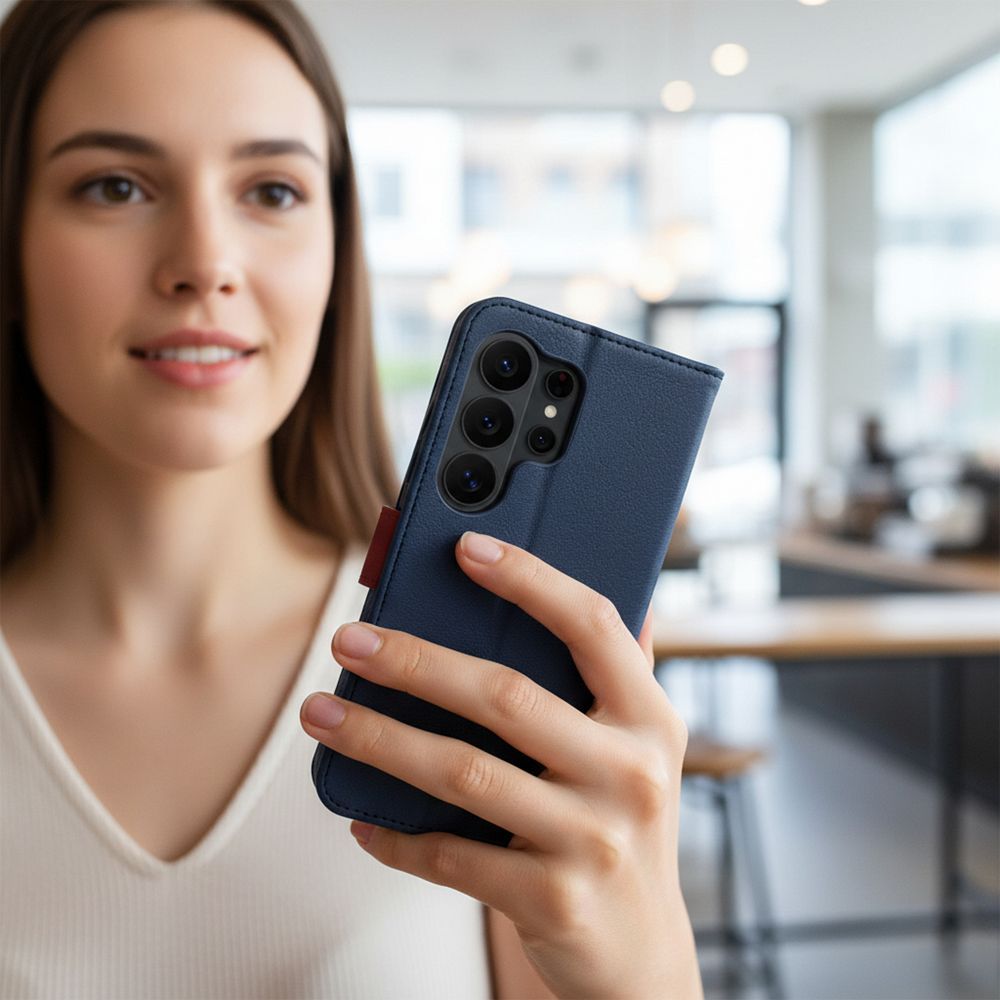 Otočné pouzdro pro Xiaomi Redmi NOTE 17 PRO 5G Split Book v tmavě modré a červené barvě