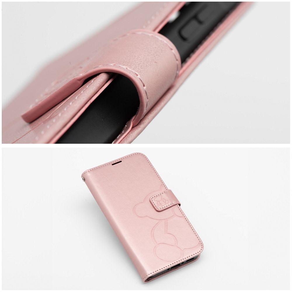Pouzdro typu flip pro iPhone 16e (SE 4 2025) Mezzo Book s motivem medvídka, růžové zlato