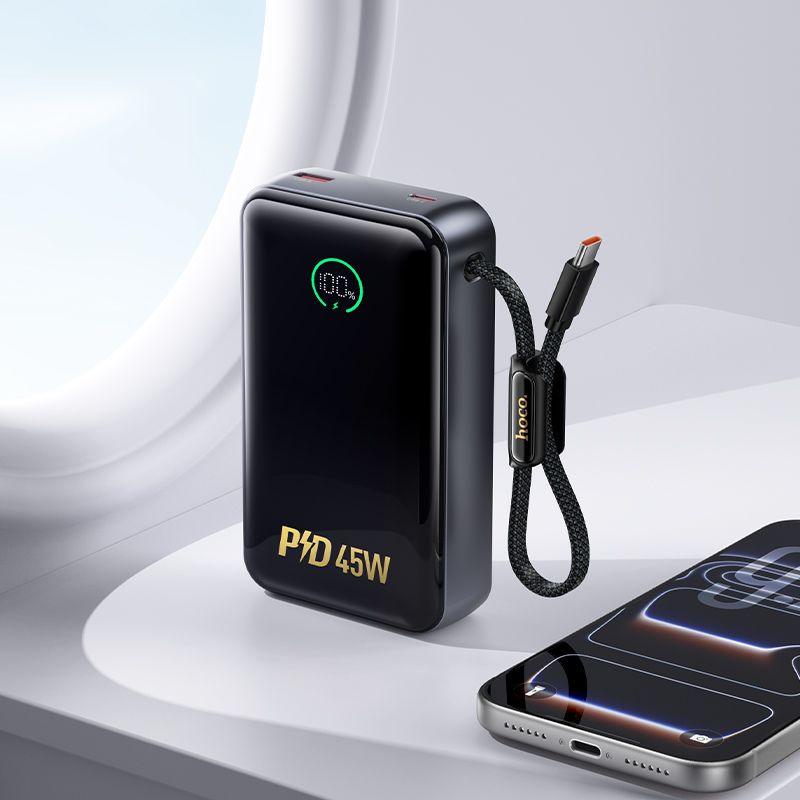 Powerbanka 20 000 mAh QC PD 2 A 45 W s integrovaným kabelem USB-C Hoco Q54, kovově šedá