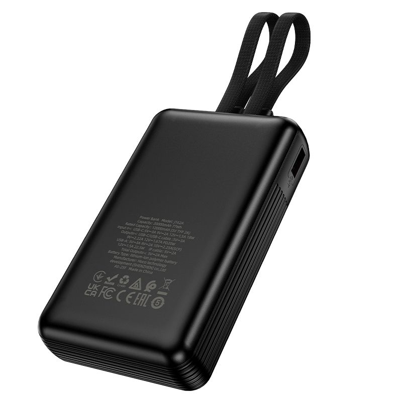 Powerbanka 20 000 mAh QC PD 22,5 W s integrovanými kabely USB-C a Lightning, Hoco J162A, černá